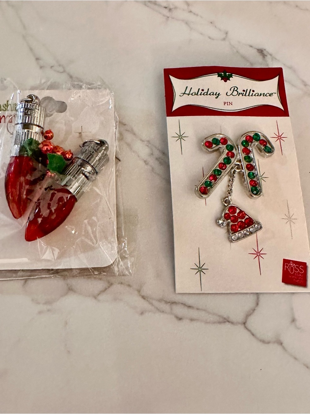 Holiday Candy Cane and Santa Hat Rhinestone Pin - Christmas lights earrings